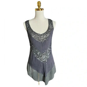 WILLOW & CLAY Asymmetrical Gray Vest Sheer & Sequin Embellished Y2K Top Size S